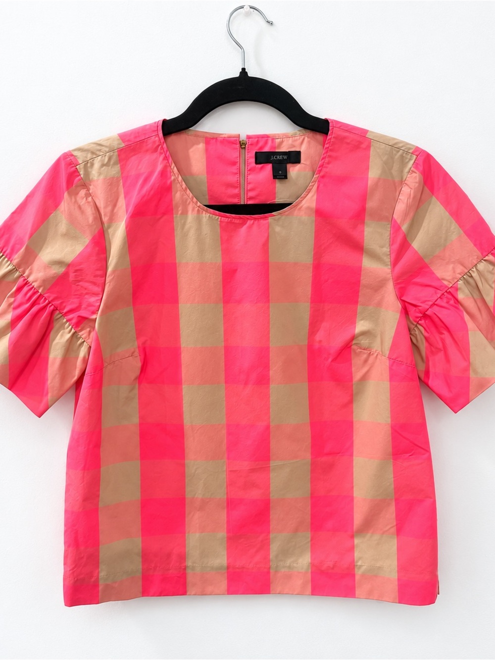 J. Crew Ruffle-Sleeve Top Neon Pink Buffalo Check Plaid Size Small